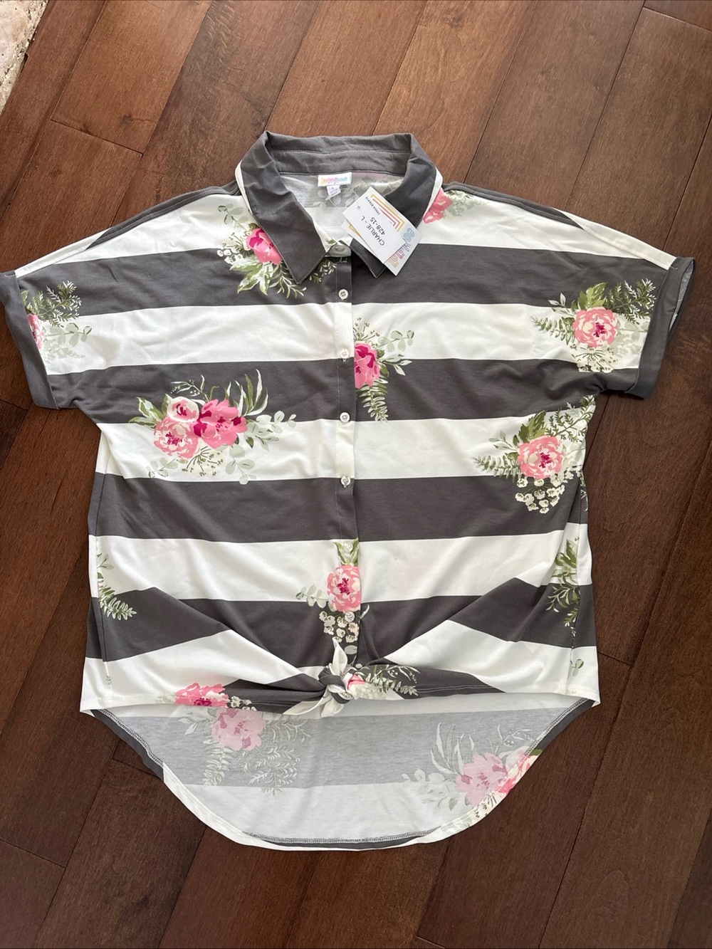 LulaRoe Striped and Floral Charlie Button Up Top Womens L New Soft Stretchy